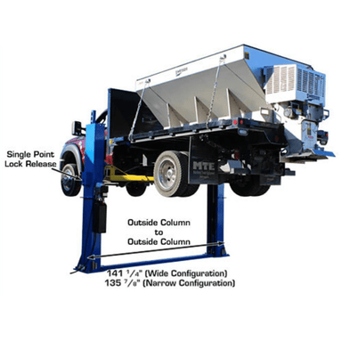 Side view of the Atlas BP12000X Baseplate 2-Post Lift raising a heavy-duty service truck, with column spacing labeled for both wide and narrow configurations.