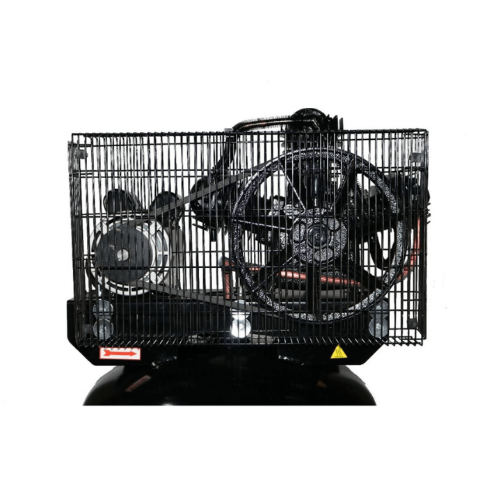 Side view of the Atlas Equipment Air Force 5HP 80 Gallon Air Compressor (AF6) showing the twin-cylinder pump and belt drive system behind a safety cage.