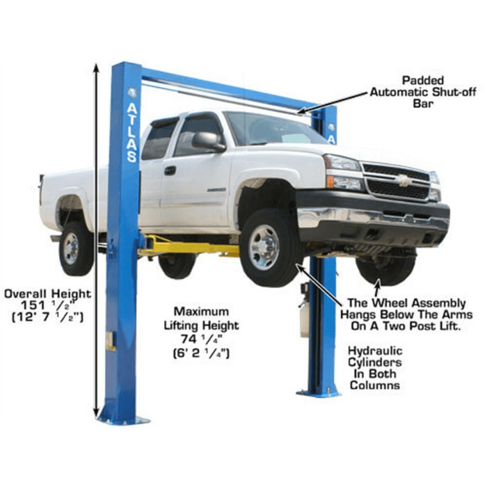 Side view of the Atlas OHX10000X overhead lift raising a pickup truck, with labeled dimensions showing overall height, max lift height, and key structural features.