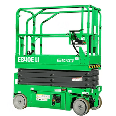 Side view of the Ekko ES40E-Li lithium scissor lift with folded guardrails and integrated battery compartment
