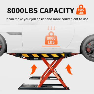 Side view of the Katool X90E Mid Rise Scissor Lift holding a car thats 8000lb