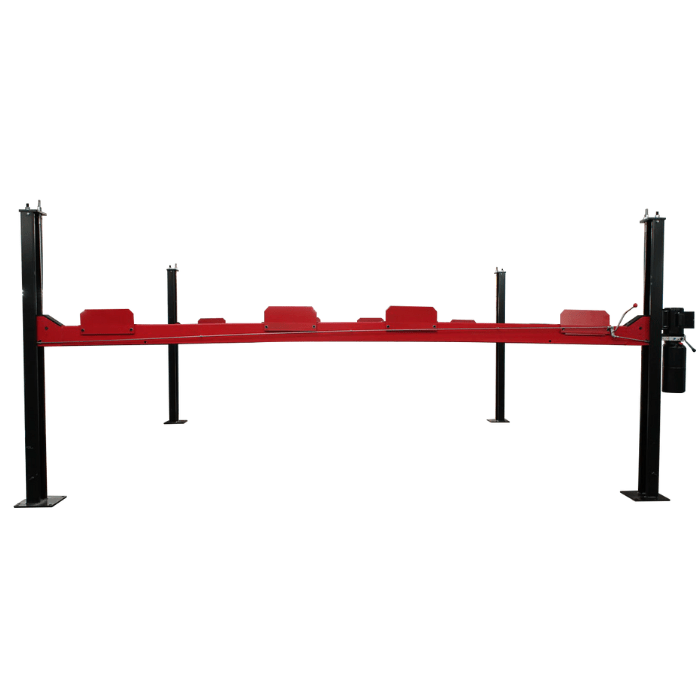 Side view of the Triumph NSS9000 9,000 lb Four-Post Double Parking Lift with red runways and black columns.