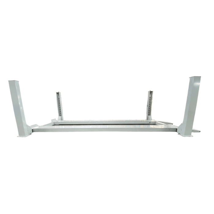 Side view of the Triumph NTR-24 24,000 lb Heavy-Duty Four Post Vehicle Lift, showcasing wide steel columns and diamond-plate runways for commercial vehicle support.