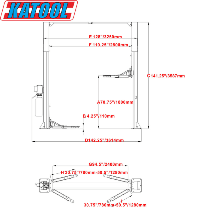 Specs for the Katool 11,000lb 2 Post Car Lift M110