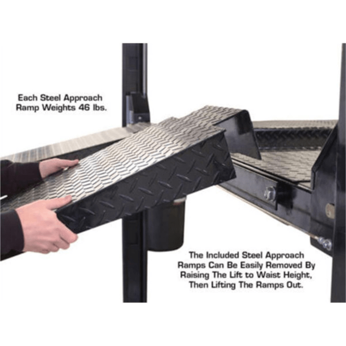 Steel approach ramps—each weighing 46 lbs—are designed for easy removal by elevating the lift and sliding them off once at a comfortable working height.