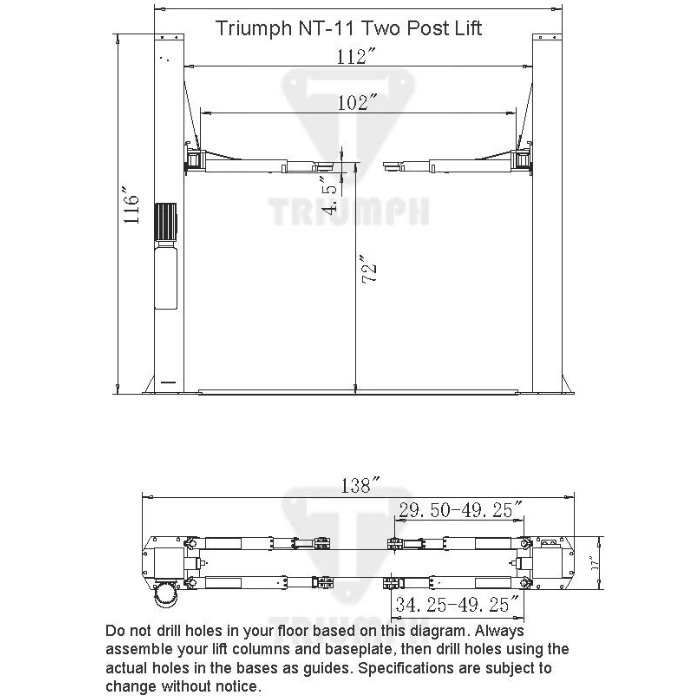 Technical diagram of the Triumph NT-11 11,000 lb Two Post Car Lift displaying key dimensions, arm reach, and installation layout for accurate setup.