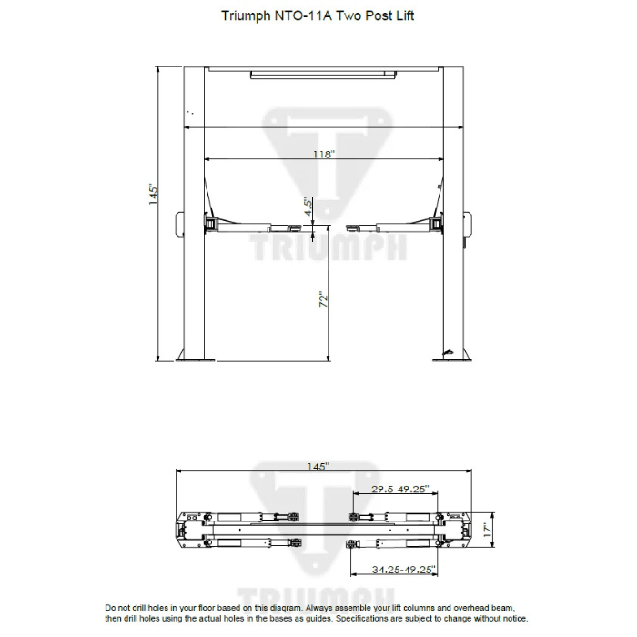 Technical diagram of the Triumph NTO-11A 11,000 lb Two-Post Overhead Car Lift showing recommended column spacing, arm length, and floor hole measurements for accurate installation.