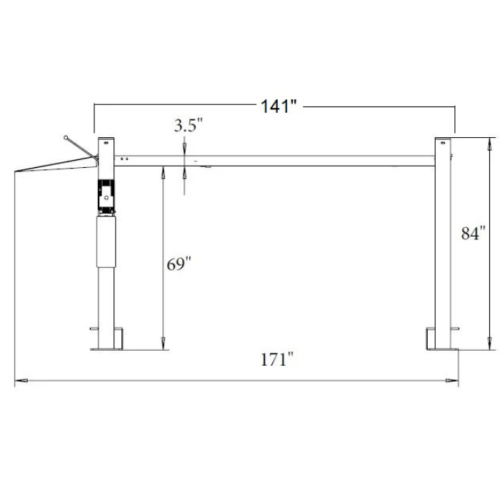 Technical dimension diagram of the NSS-8 Classic Lift, illustrating overall width, column height, and ramp measurements for precise setup and installation.