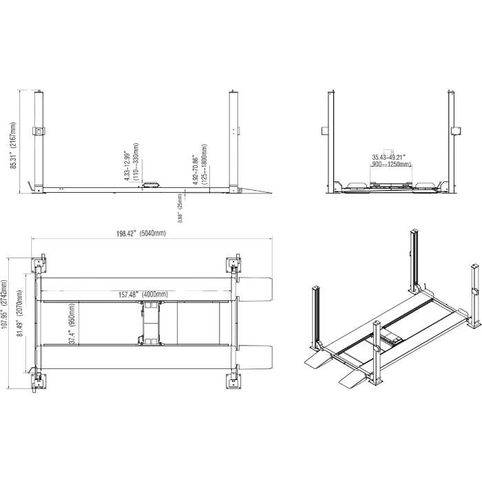 Technical schematic and dimensions of Katool 4-post lift model 4H850 with top, side, front, and 3D views