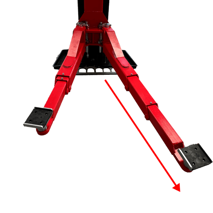 Telescoping red swing arm on a 15,000 lb two post lift (Katool KT-M150D) showing three-stage reach and rubber lift pad.