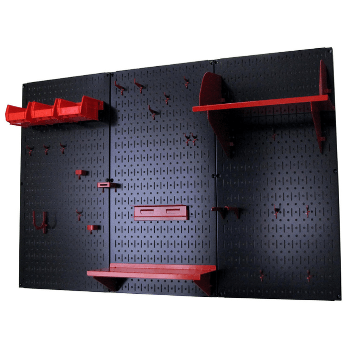 The 4ft Metal Pegboard Premium Storage Kit with red accessories and no tools