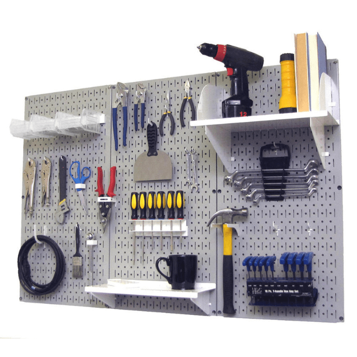 The 4ft Metal Pegboard Premium Tool Storage Kit - Toolboard with Hooks with a gray pegboard and white accessories