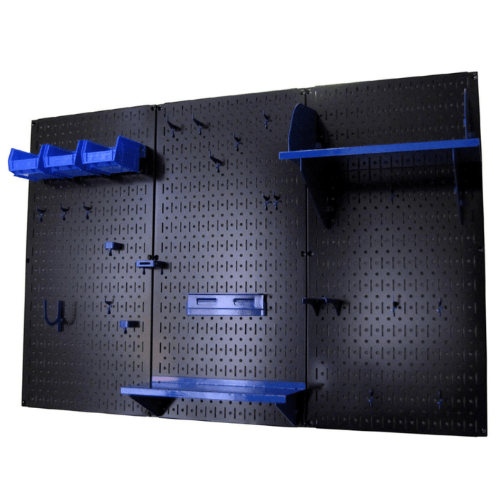 The 4ft Metal Pegboard Premium Tool Storage Kit - Toolboard with Hooks with blue accessories and no tools