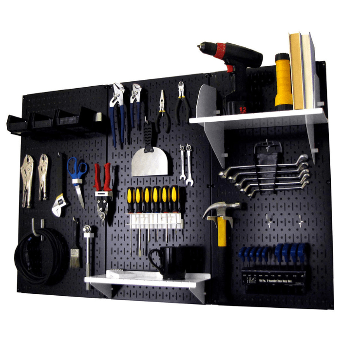 The 4ft Metal Pegboard Premium Tool Storage Kit - Toolboard with Hooks with white accessories and tools on each