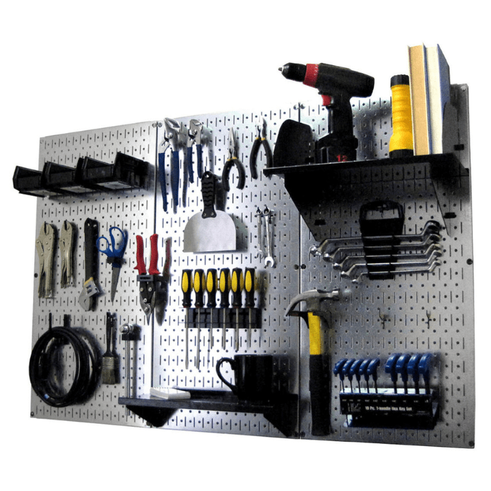 The 4ft Metal Pegboard Premium Tool Storage Kit with a metallic pegboard and black accessories with tools