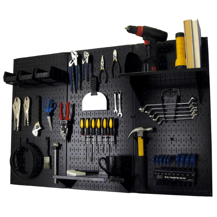 The 4ft Metal Pegboard Premium Tool Storage Kit with black accessories and tools on each accessory front right side view