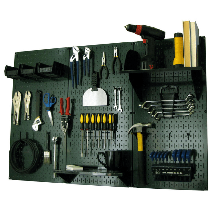 The 4ft Metal Pegboard Premium Tool Storage Kit with green pegboard and green accessories