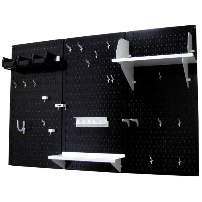 The 4ft Metal Pegboard Premium Tool Storage Kit with white accessories and no tools
