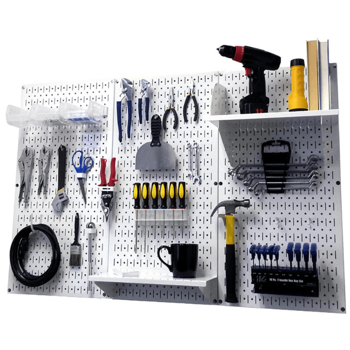 The 4ft Metal Pegboard by Wall Control with white pegboard and white accessories