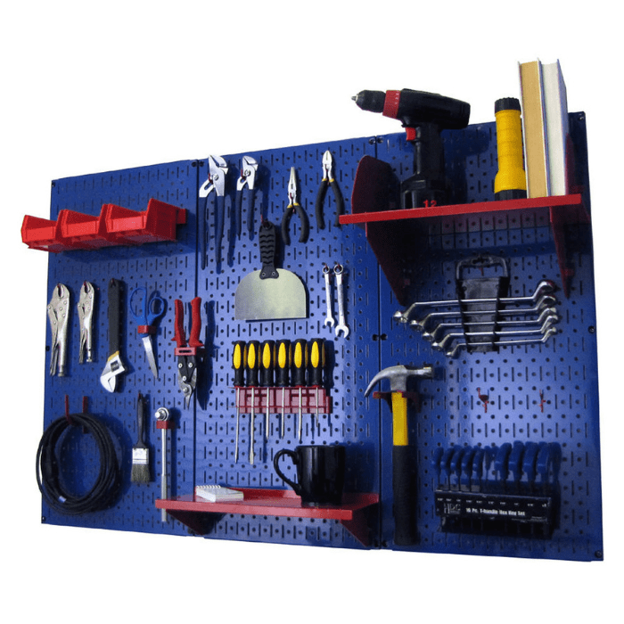 The 4ft Premium Metal Pegboard with blue pegboard and red accessories