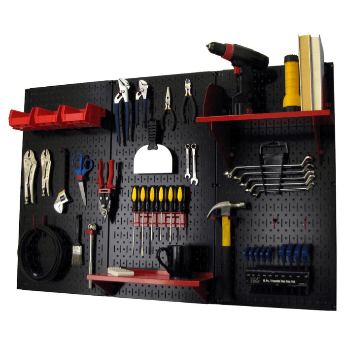 The 4ft Premium Metal Pegboard with red accessories and tools on each