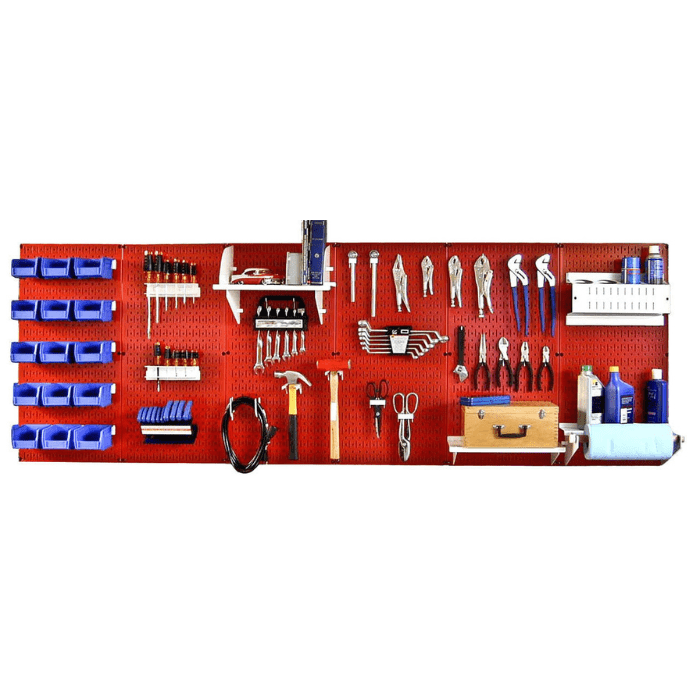 The 8ft Metal Pegboard Kit red pegboard and white accessories with blue bins