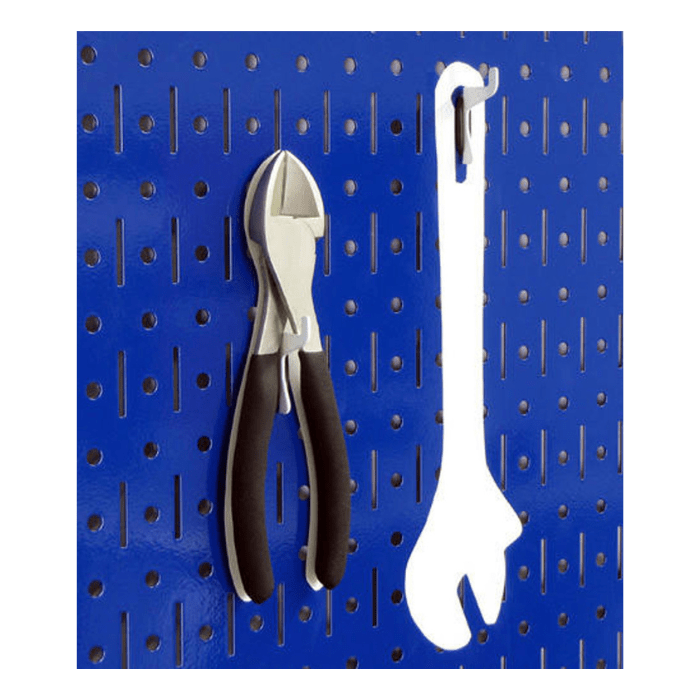The 8ft Metal Pegboard Kit with a blue pegboard and a tool hanging from it