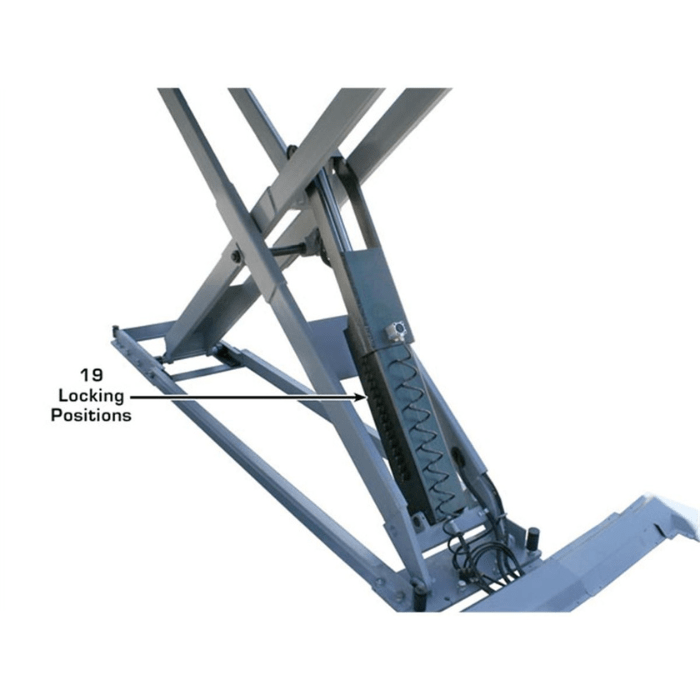 The Atlas 12ASL Scissor Lift features 19 mechanical locking positions for safe, secure height adjustments throughout your alignment work.