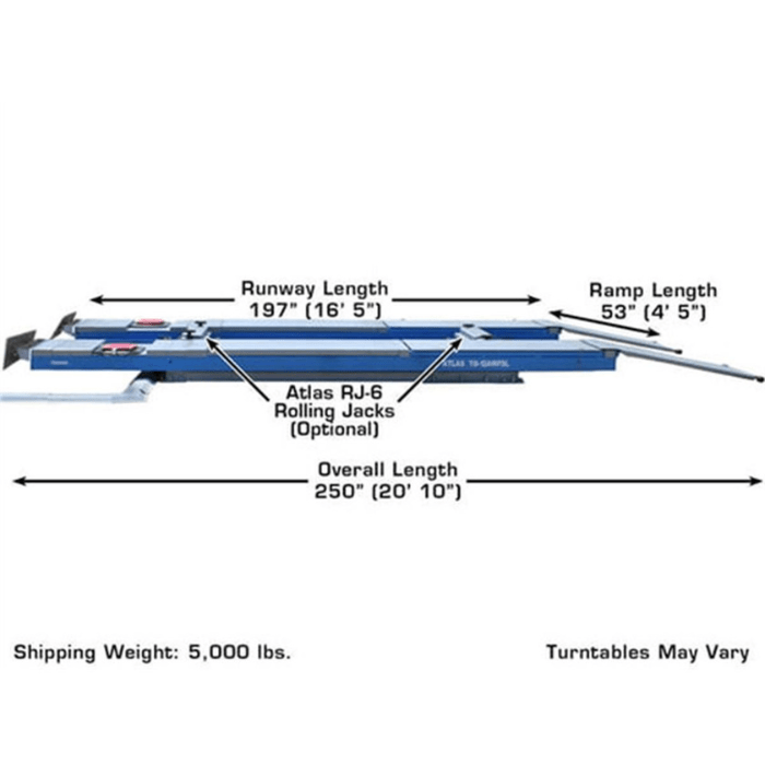 The Atlas 12ASL features a 197 runway and 53 ramps, giving it an extended 250 overall footprint—perfect for servicing long-wheelbase vehicles with ease.