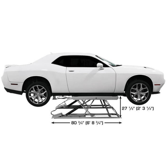 The Atlas 6PL lift raises vehicles up to 27.5 inches while maintaining a compact 80.75-inch overall length—ideal for tight shops and low-profile installs.