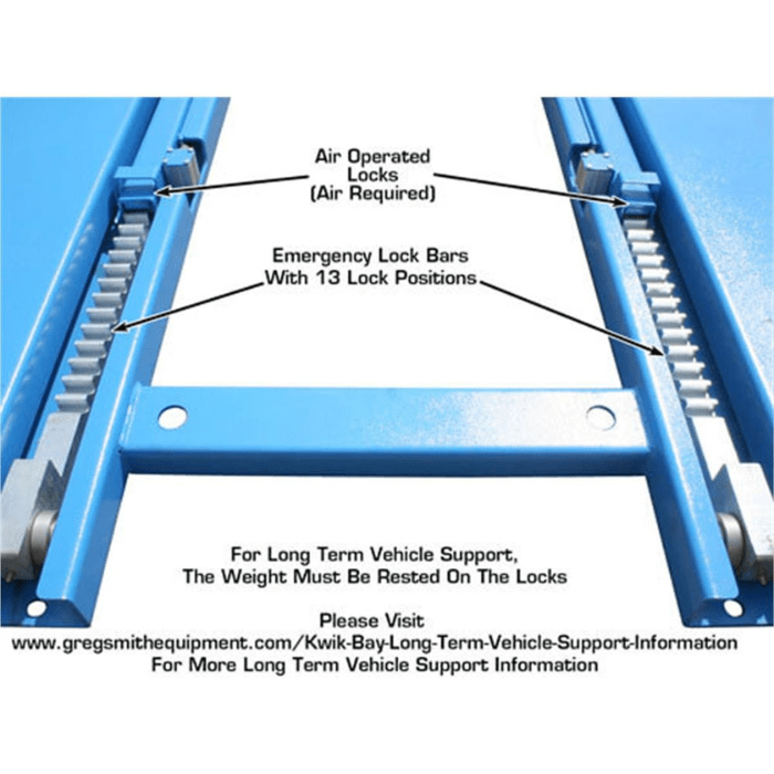 The Atlas 7K-Kwik-Bay features air-actuated locks and 13-position safety bars—engineered for secure long-term lifting and reliable vehicle support.