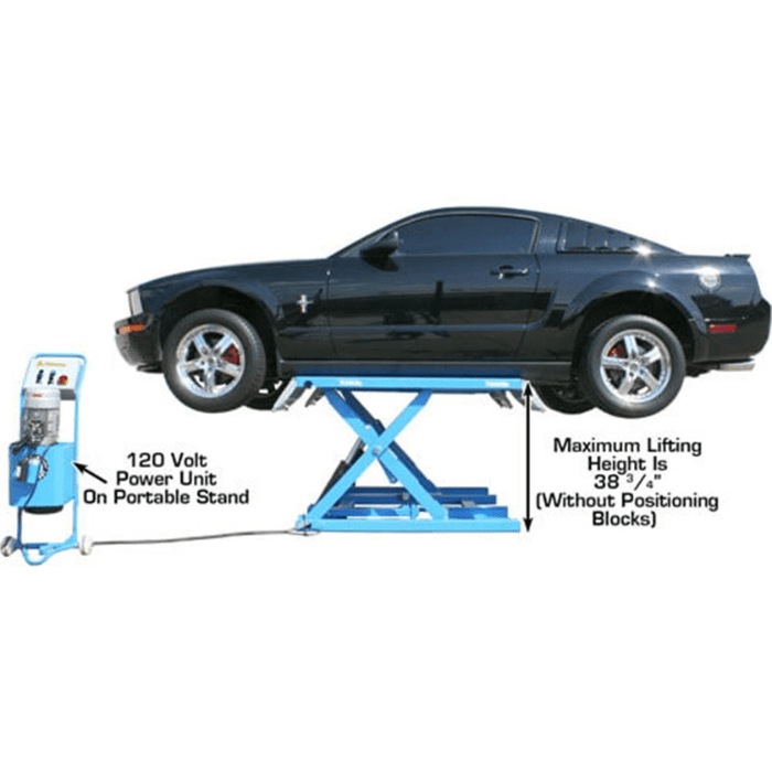 The Atlas 7K-Kwik-Bay mid-rise scissor lift, shown raising a Mustang, provides 7,000 lbs. of lifting capacity—ideal for performance shops, wheel service, and quick inspections.