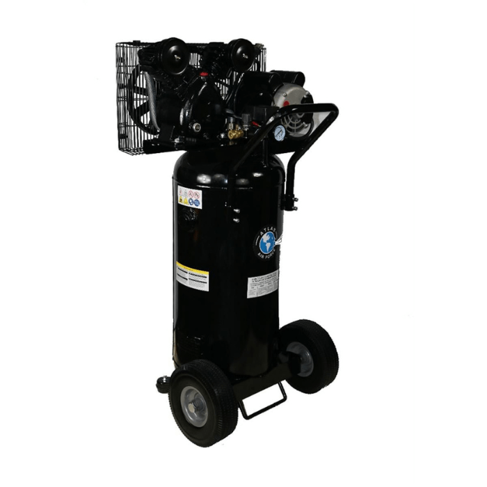 The Atlas AF2 20-Gallon Air Compressor is shown in a side-angled view, featuring a black vertical tank mounted on large wheels for easy portability.
