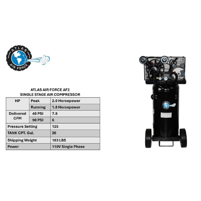 The Atlas AF2 Portable Air Compressor features a 20-gallon tank, dual-cylinder pump, and oversized wheels for mobility. It delivers 7.8 CFM at 40 PSI and runs on a 2.0 HP motor with a max pressure of 125 PSI.