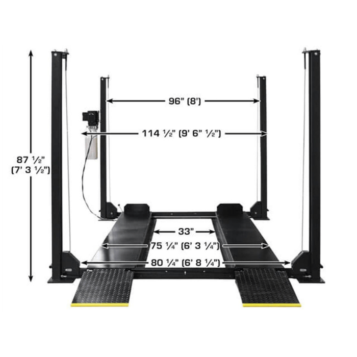 The Atlas ALI Certified Hobbyist 4-Post Lift - 8,000 lb. Capacity (Apex 8) highlights precise clearance specs and lift width—ideal for homeowners needing exact measurements for setup planning.