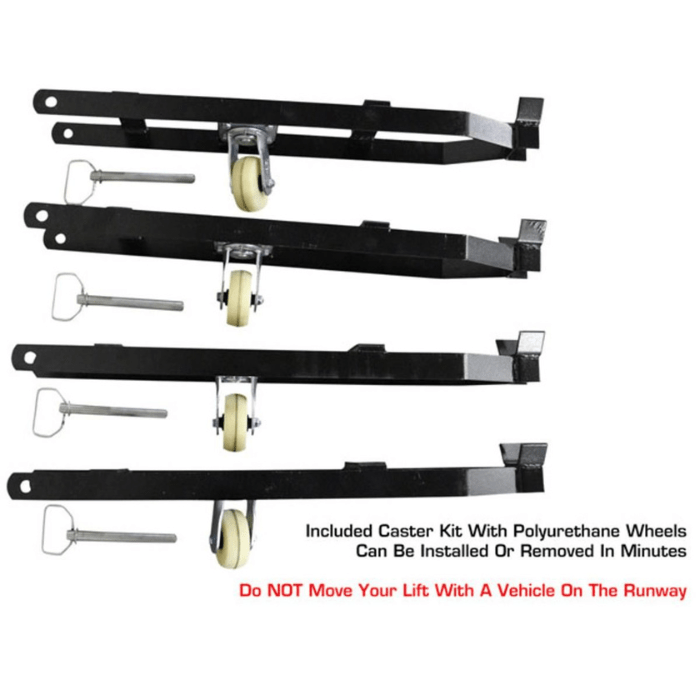 The Atlas ALI Certified Hobbyist 4-Post Lift - 8,000 lb. Capacity (Apex 8) includes a polyurethane caster kit for added mobility—just remember, never roll the lift with a vehicle on it.