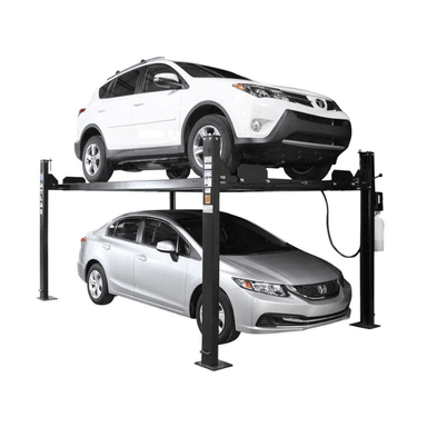 The Atlas ALI Certified Hobbyist 4-Post Lift - 8,000 lb. Capacity (Apex 8) shows its practical design by safely supporting two everyday vehicles in a stacked configuration—perfect for home garages looking to double parking space.