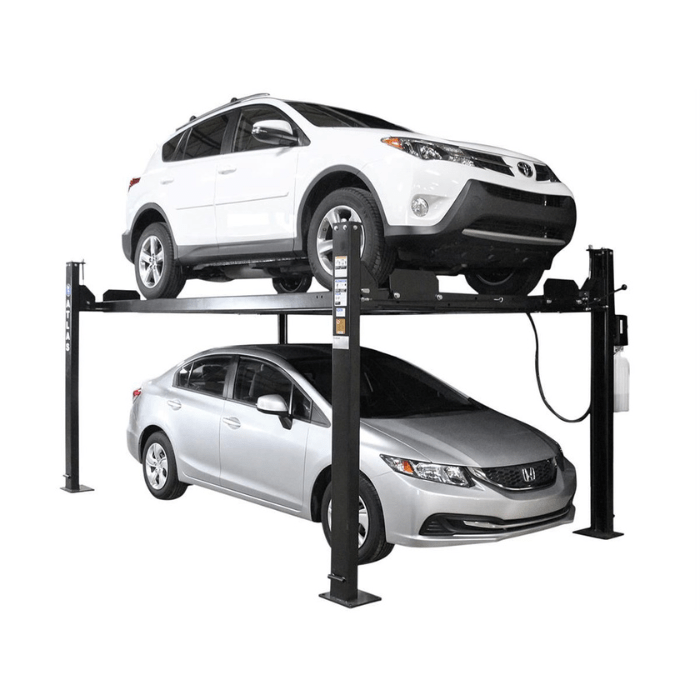 The Atlas ALI Certified Hobbyist 4-Post Lift - 8,000 lb. Capacity (Apex 8) shows its practical design by safely supporting two everyday vehicles in a stacked configuration—perfect for home garages looking to double parking space.