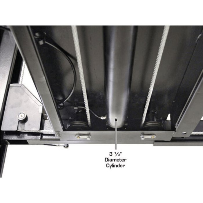 The Atlas Apex 8 ALI Certified 8000lb Four-Post Vehicle Lift features a 3 ⅓ hydraulic cylinder housed beneath the runways, engineered for smooth lifting performance and long-term durability.