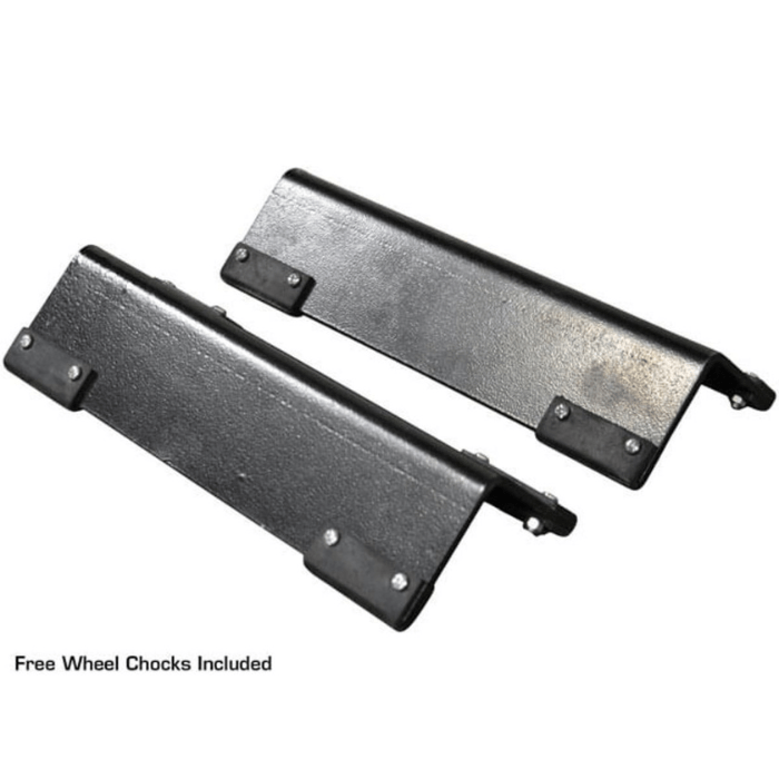 The Atlas Apex 8 Hobbyist Four-Post Car Lift comes with a set of durable wheel chocks included, offering added safety and peace of mind during vehicle storage or servicing.