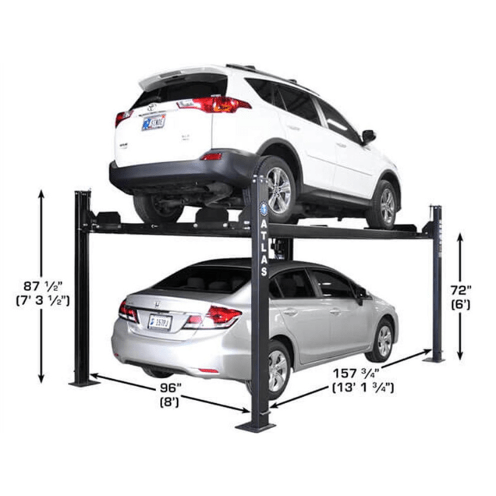 The Atlas Apex 8 Vehicle Lift creates two levels of parking in the same footprint, with 72 inches of clearance beneath the runways—ideal for maximizing garage height with an SUV and sedan combo.