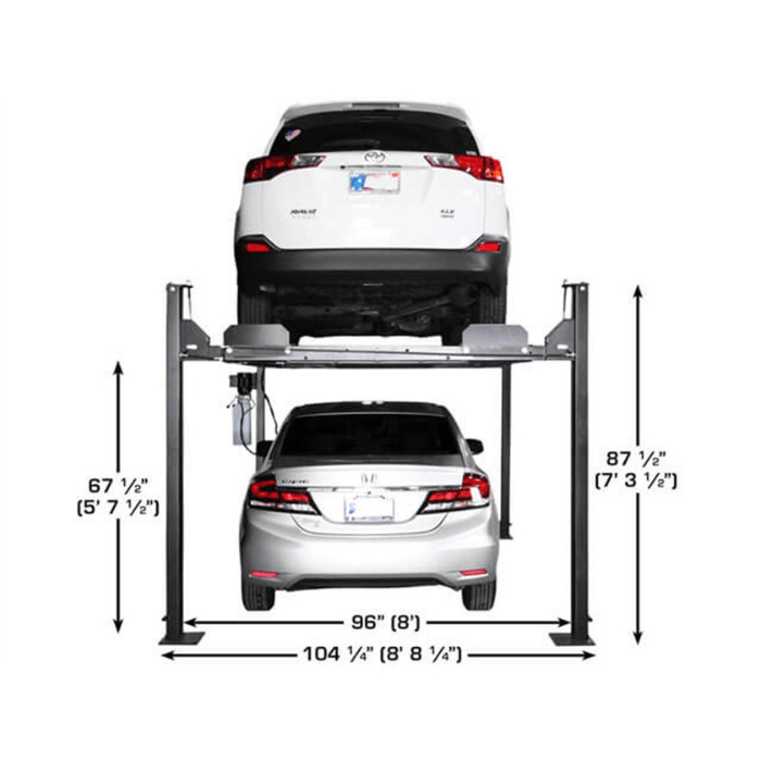 The Atlas Apex 8 Vehicle Lift offers excellent vertical clearance for stacking mid-sized SUVs over sedans—perfect for maximizing parking in residential garages.