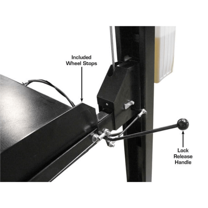 The Atlas Apex 8 features a simple mechanical lock release system and built-in wheel stops for added safety—making it easy to secure your vehicle and lower the lift with confidence.