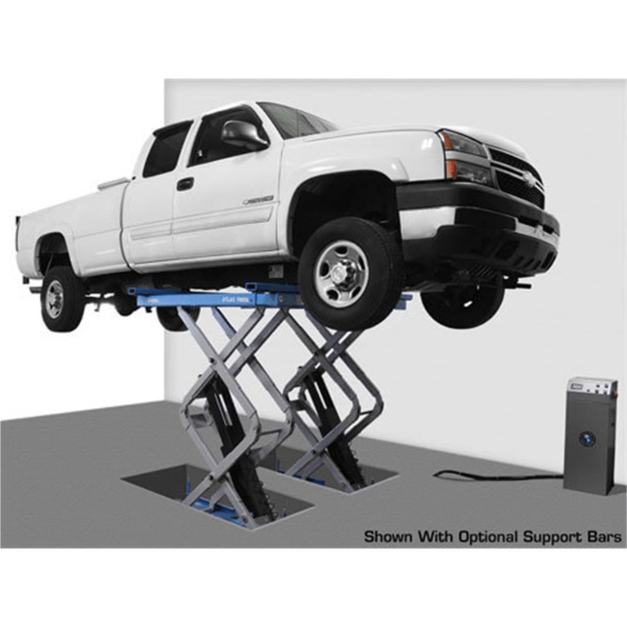 The Atlas FM9SL full-rise scissor lift is shown raising a Chevy pickup—offering 9,000 lbs. of capacity and in-ground installation for maximum floor space efficiency.