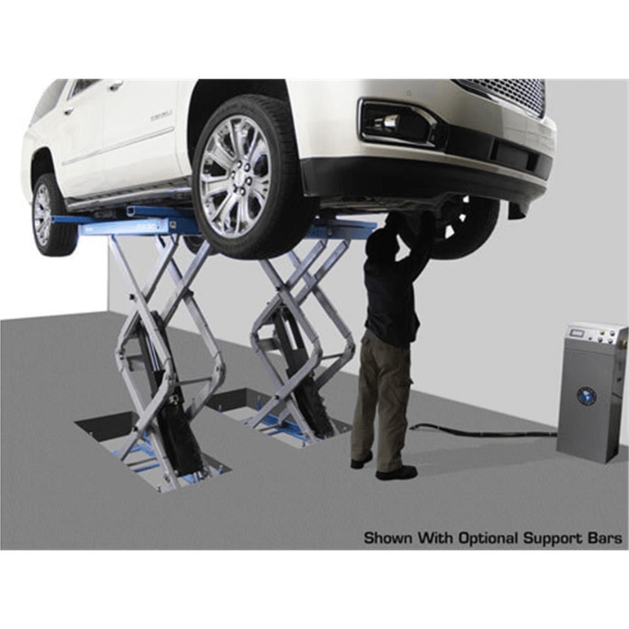 The Atlas FM9SL in-ground lift provides full access for undercarriage work—ideal for busy service bays needing maximum floor space and high-lift clearance.