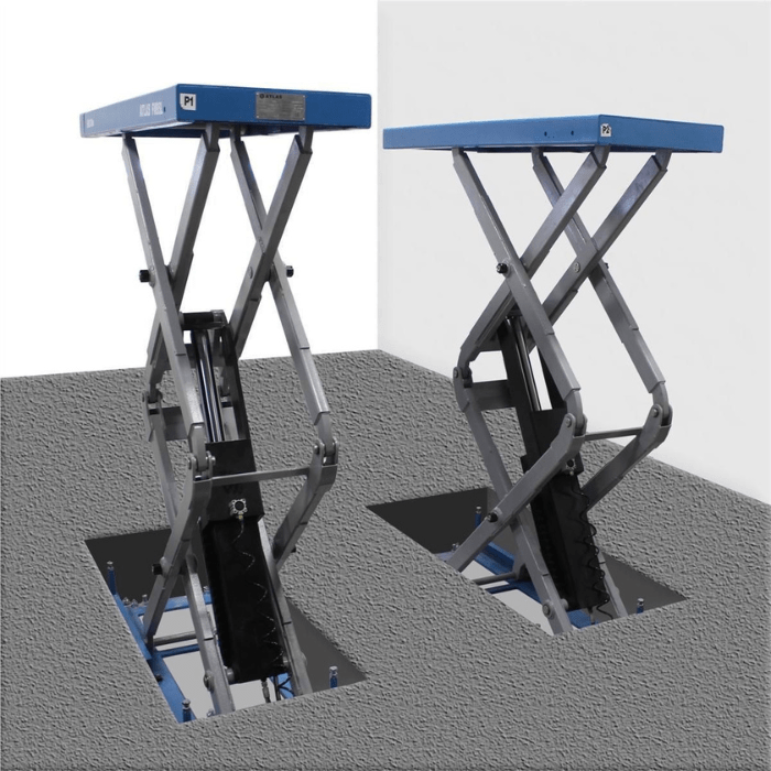 The Atlas FM9SL scissor lift mounts flush into the concrete floor, offering full-rise elevation without any above-ground obstructions—ideal for clean, open work bays.