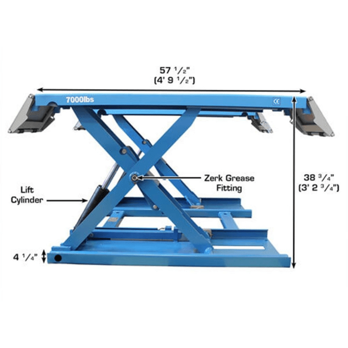 The Atlas Kwik-Bay mid-rise scissor lift supports up to 7,000 lbs. and features a compact profile with easy-access grease fittings—ideal for busy shops needing quick lift performance and durability.