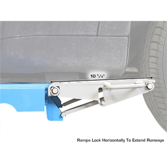 The Atlas Kwik Bay 7,000 lb. portable mid-rise lift features locking ramps that extend runway length—engineered for flexibility during tight approach angles.