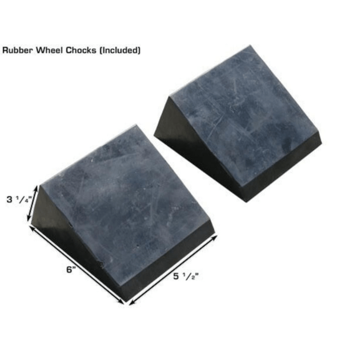 The Atlas PRO8000EXT includes a pair of heavy-duty rubber wheel chocks, each measuring 6 inches wide, 5.5 inches deep, and 3.25 inches high, offering added safety and stability when your vehicle is parked on the lift.