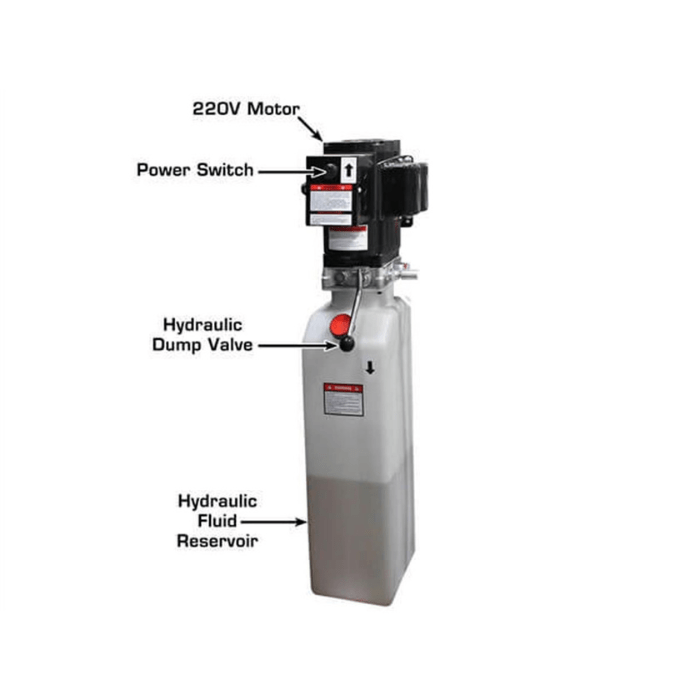 The Atlas PVL14OF-EXT features a robust 220V motor paired with a large-capacity hydraulic reservoir and dump valve—built for smooth, consistent lift performance during daily commercial use.